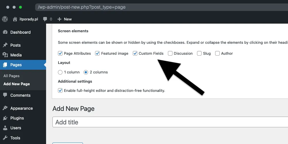 Jak włączyć custom fields dla stron w WordPress?